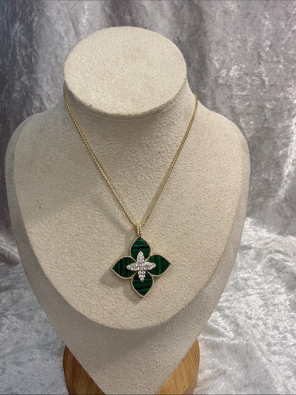 Gold Chain Necklace with Green Clover Pendant and Crystal Flower Accent